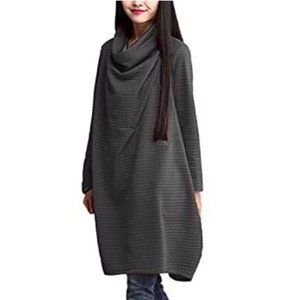 Gray Cowl Neck, Loose Knit Sweater Dress, 3XL